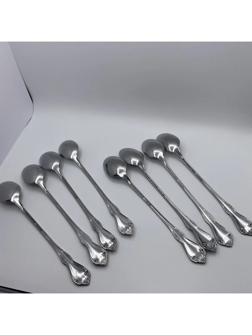 8 Iced Tea Spoon Dessert Spoon Mansfield Amadeus Oneida Deluxe Floral Stainless